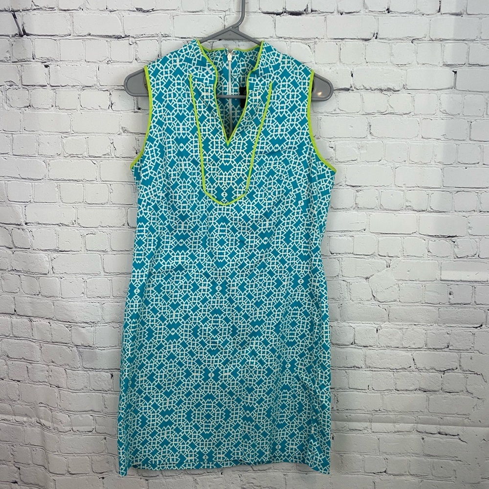 Vince Camuto Blue and Green Patterned Midi Dress